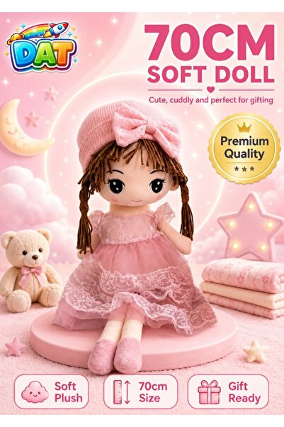 DAT Soft Plush Girl Doll with Lace Dress, Bow Headband & Braided Hair 70cm – ...