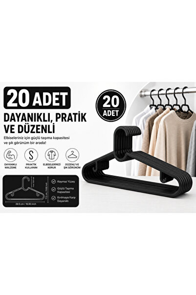 Kitchen Line 20 komada crnih vešalica za odeću, vešalice za pantalone – izdrž...