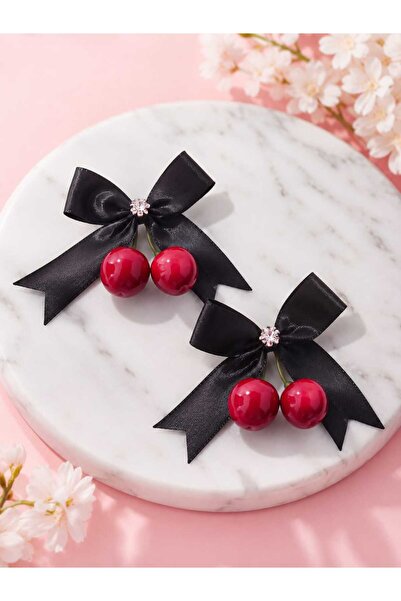 Accessories Kırmızı Kiraz Detaylı Saten Fiyonk Saç Tokası Mandallı Klips Toka