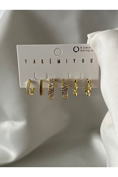 yeknova VIP 14K Gold Renginde Taşlı 3 Çift (6adet) Kararmaz Kadın Halka Küpe ...