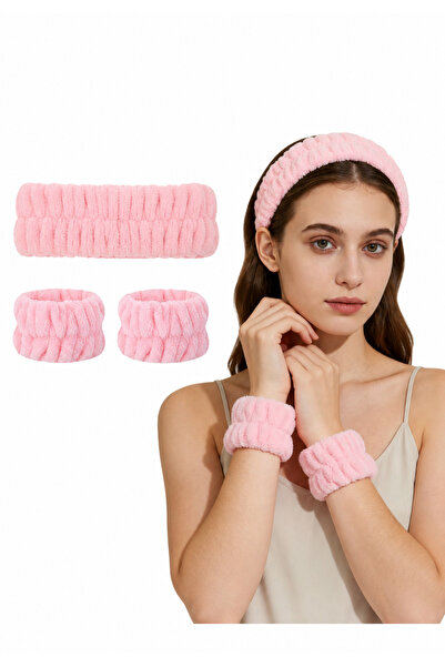 blackcomb Pembe Peluş Spa Takımı - 2 Adet Havlu Yıkama Bilekliği Ve Saç Bandı...