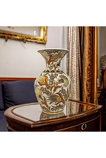 Berra Ceramic Altın İşlemeli El Yapımı Dekoratif Vazo, Geleneksel Motifli Lük...