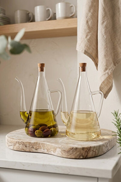 Kitchen Life Oală de ulei din sticlă borosilicată transparentă cu dop din lem...