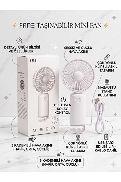 FANE Fan Taşınabilir Şarjlı El Fanı 3 Kademeli Sessiz ve Ergonamik El Vantila...