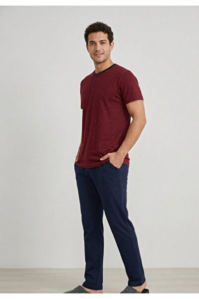 FREENİGHT Men's Pajamas Burgundy Color, Minimalist Print