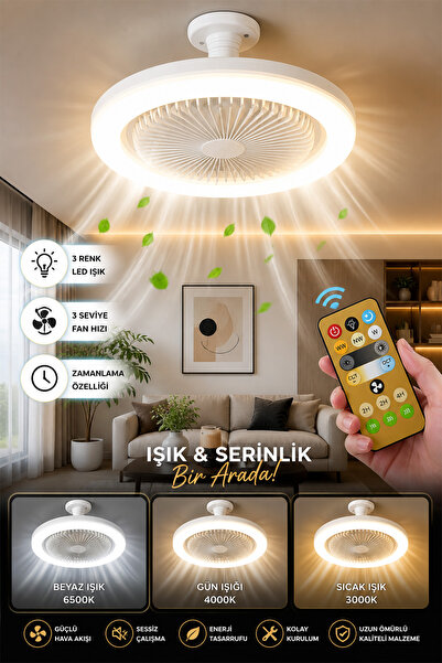 Yıldızhane 30w Akıllı Vantilator 3 Kademe Hız Dimlenebilir 3 Renk Led Işıklı Kumandalı Sabit Modern Fan Led Ampul