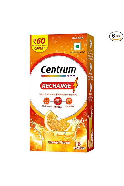 Centrum مزيج الطاقة الفورية لإعادة الشحن مع 13 فيتامينًا ومعادن بنكهة البرتقا...