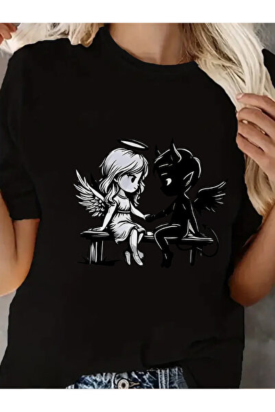 121 Women's Summer Chic Short Sleeve Y2K T-Shirt, Angel & Devil Print, Casual...