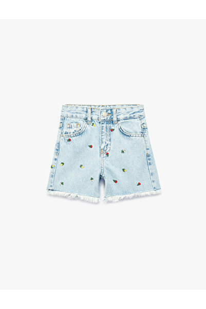 Koton Çiçekli Nakış Detaylı Cepli Püsküllü Denim Şort