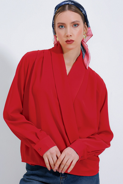 Merterium Women's Double-Breasted Collared Flowy Blouse 1422 - Red