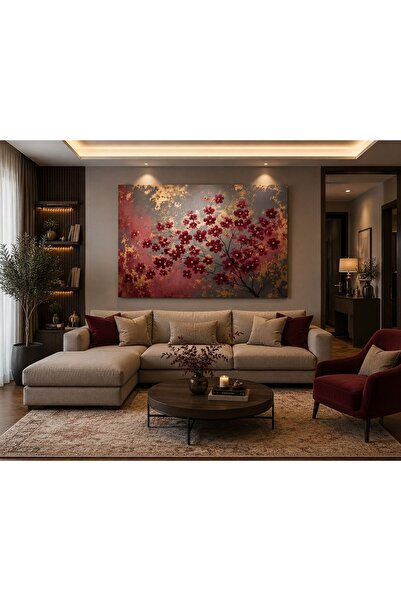walliva Lüks Bordo Çiçekler ve Altın Dokulu Soyut Kanvas Tablo – Premium Çerç...