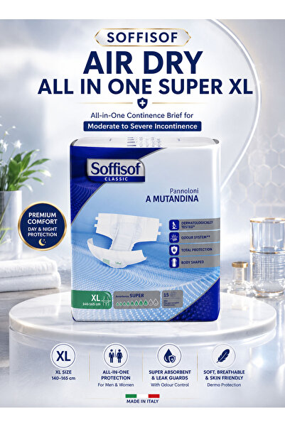 Soffisof Air Dry All In One Super Adult Incontinence Briefs XL 140-165cm 15 P...