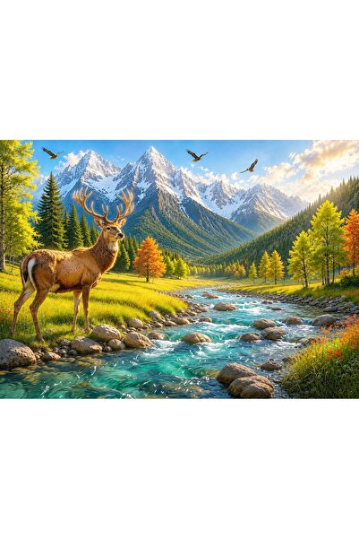 OEM Canvas Painting Mountain Landscape with Deer and River – Size 60x40 cm