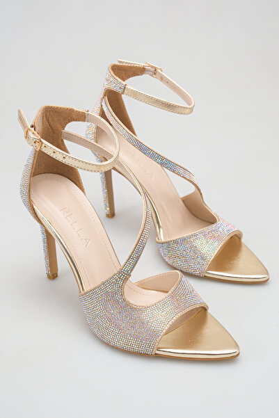 Rella Gold Stone Evening Dress Shoes, Thin Heeled, Ankle Strap, Wedding and E...