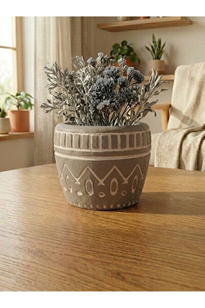 mora store Dekoratif Beton Saksı Gri Bohem İskandinav Desenli 14,5x12 cm | Mo...