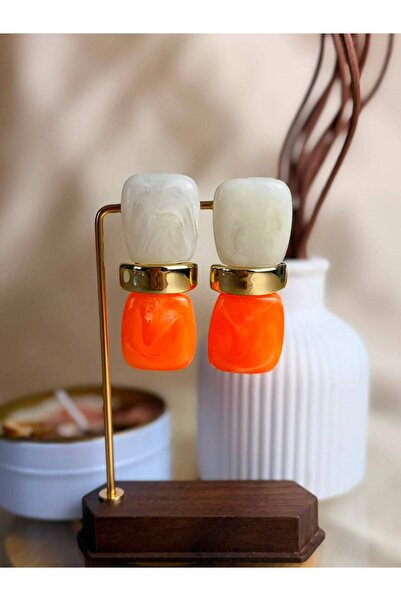 ANKA JEWELLRY Steel Women's Earrings Gold Color Detail Orange and White Geome...
