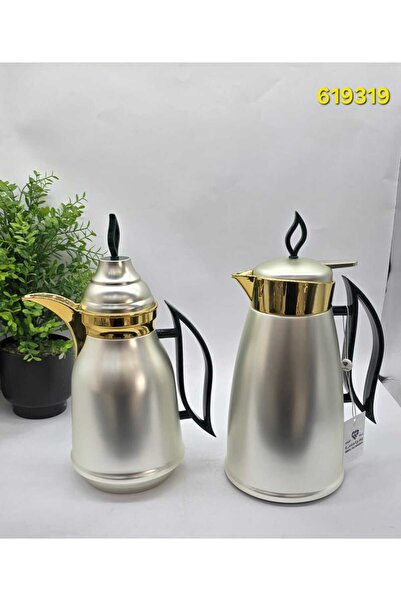 WAHJ ALMASAH ترامس الدمعة 1L+1L فضي مطفي مع ذهبي وقبضات خضراء