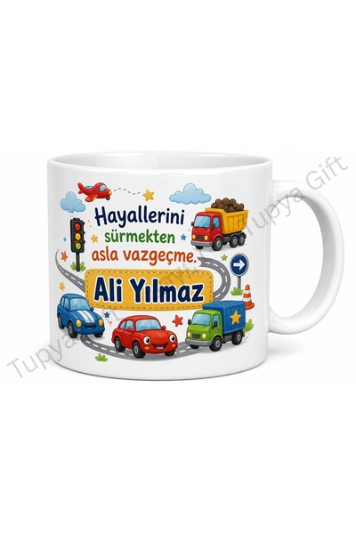 Tupya Gift Arabalı Çocuk Kupa Bardak İsme Özel Baskılı Hediye Araba Desenli