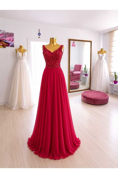 TuZeGiyim Red Chiffon Evening Dress