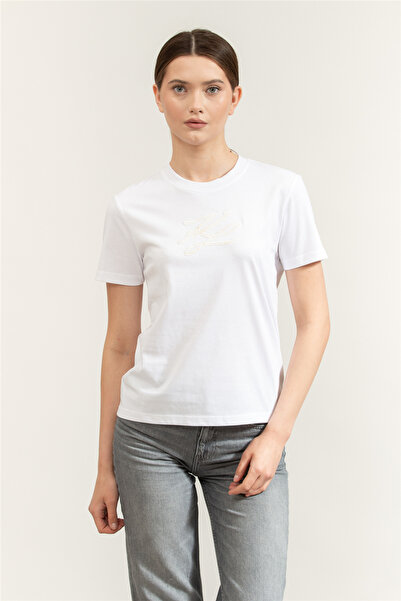 Karl Lagerfeld Boucle Autograph T-Shirt Kadın Bisiklet Yaka T-Shirt Beyaz
