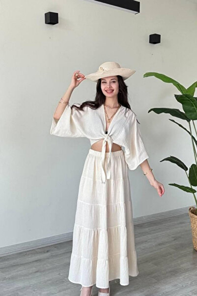 çatı moda Kadın Ekru Ön Bağlamalı Yarasa Kol Yazlık Bluz