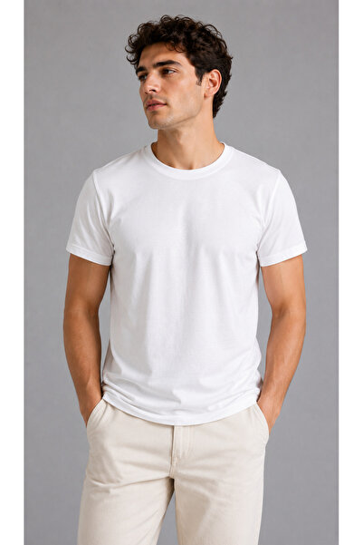 WE&ME Men's White Crew Neck Basic T-Shirt 100% Cotton Casual Comfortable Cut ...