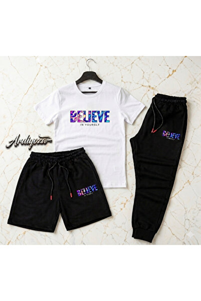 SILATU طقم مطبوع من BELIEVE مكون من 3 قطع (شورت-تي شيرت-بنطلون رياضي)