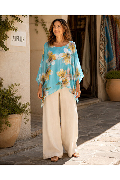 Miss Boheme Turquoise Color Italian Silk Patterned Blouse