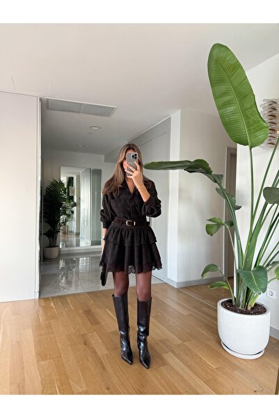 MERVE AKSOY Dantel Detaylı Kat Kat Kemerli Etek - Kahve