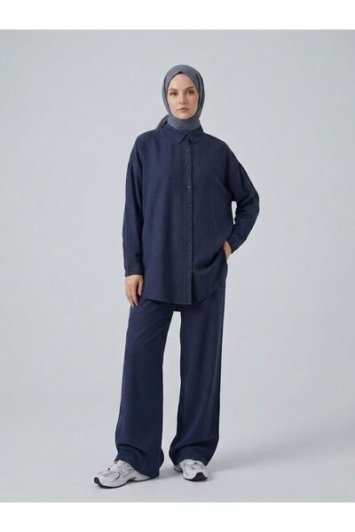 Lunsera Store طقم بنطلون بتفاصيل روبا خلفية - أزرق داكن