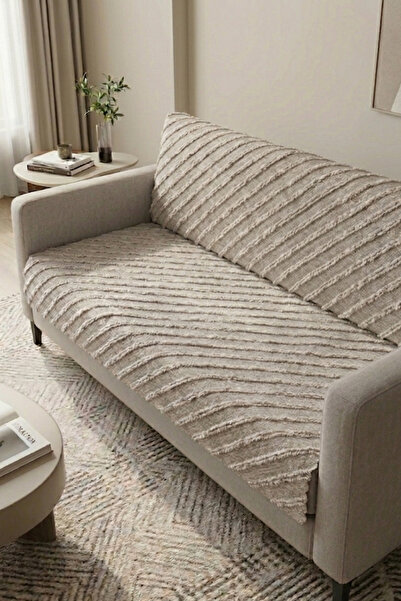 Onaltı Tekstil Bearded Chenille Sofa Cover Non-Slip Textured Modern Sofa Shawl