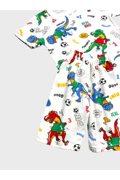 tusem butik homewear Boy's Cotton White Dinosaur Ball Pattern Short Sleeve Summer Shorts Pajama Set