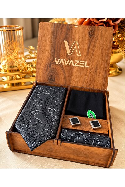 vavazel Premium Ahşap Kutulu Erkek Kravat Seti – 7.5 cm Klasik Siyah Beyaz Şa...