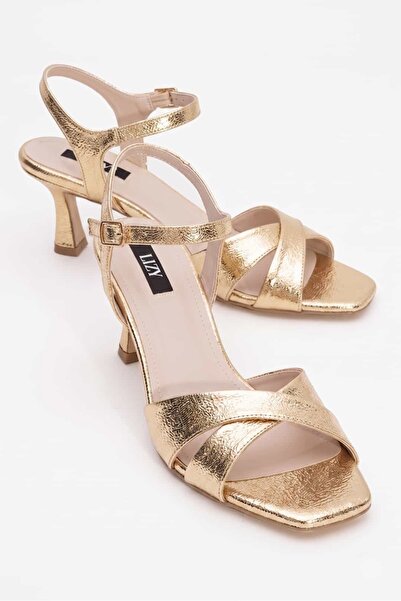Lizy Shoes Women's Gold Shiny Cross Band 7 Cm. Heeled Shoes