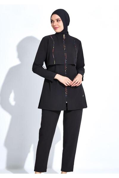 allsea Women's Long Sleeve Zippered Black Full Hijab Swimsuit C7T4N26