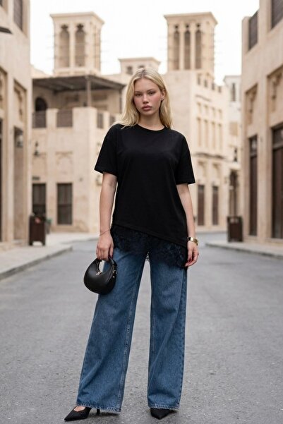 New Now Asymmetric Long Blouse with Lace Detail