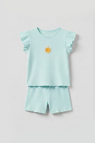 Cotton Trips Soft Corded Sun Embroidery Shorts Set 2-8 Years Mint