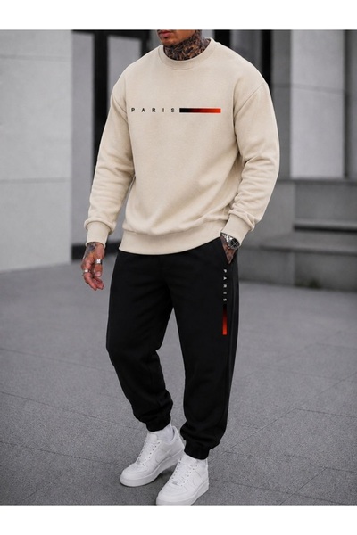 FAEL LİFE Unisex Wide Cut Zero Necklace Sweatpants Paris Red Striped Printed ...