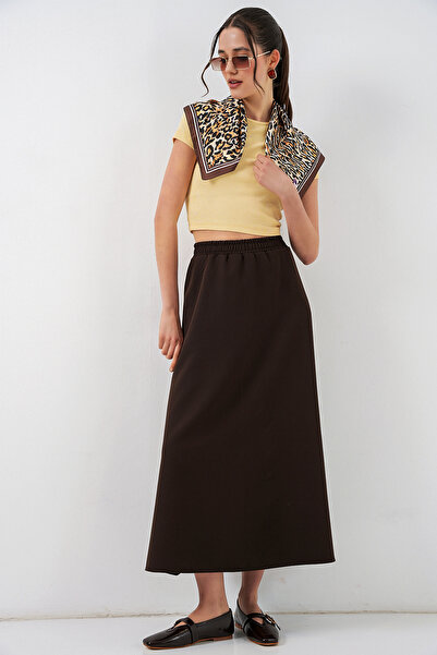 Merterium Women's Elastic Waist Long Skirt 1482 - Brown