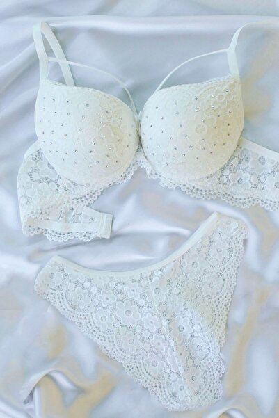 DNR İç Giyim Stone Embellished Supportive Bra Set Ecru