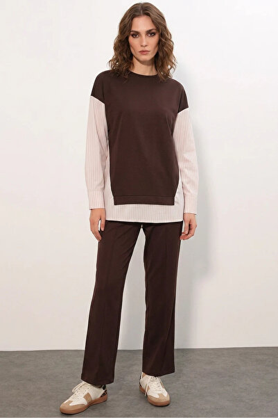 Şeker Portakalım Women's Round Neck Striped Brown Two-Piece Set