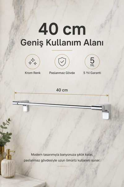 Alper Banyo Premium F1 Model Krom Uzun Havlu Askısı 40 cm Paslanmaz Çelik Montajlı Banyo Havluluk 5 Yıl Garantili