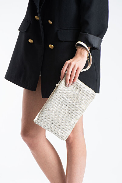 DEV 3 ADAM Χρυσή ψάθινη γυναικεία τσάντα clutch - Μοντέρνο σχέδιο με υφή, κομ...