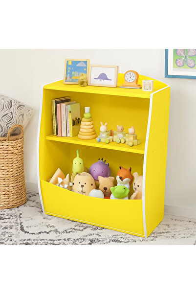 HayaBazaar Yellow Curved 2-Tier Kids Open Wooden Bookshelf Toy Storage Rack ﻿