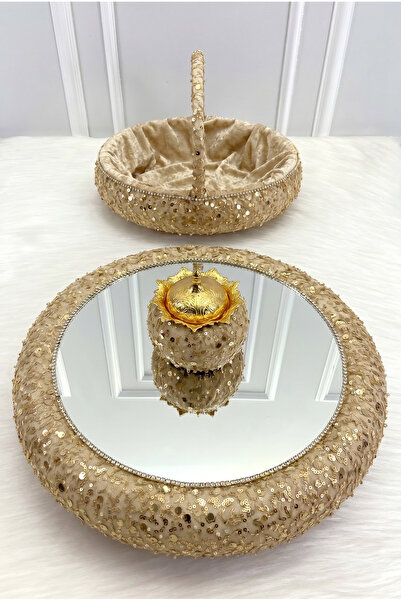 ZEYMERADE Gold Shiny Stone Henna Night Tray Basket Bridal Set, Sequin Mirrore...