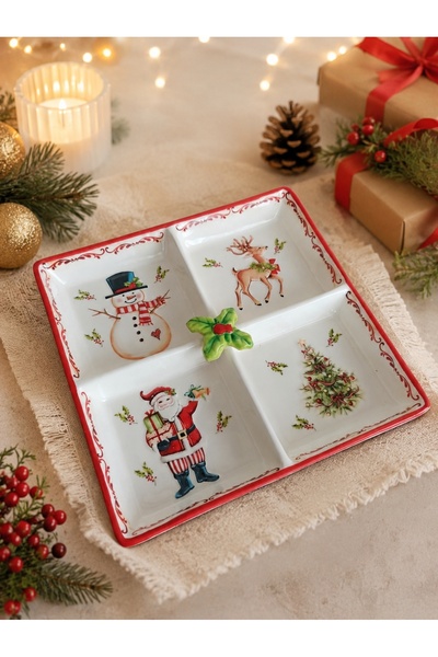 Hureggo Christmas Themed Porcelain 4-Compartment Square Snack Bowl & Presenta...