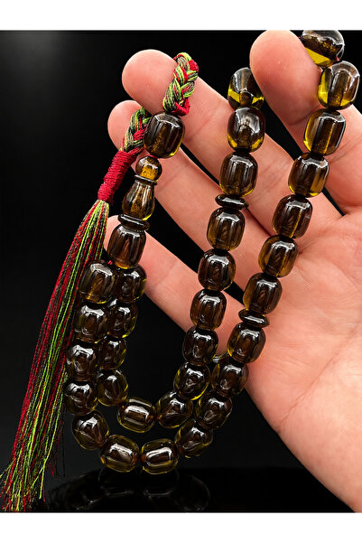 Cemhan Göksal Dark Olive Green Fire Amber Prayer Beads 11X13 mm Capsule Cut O...