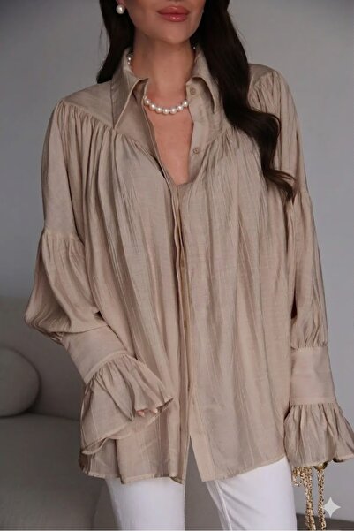 Julidress Vintage Premium Mink Beige Shirt with Drawstring Sleeve Detail