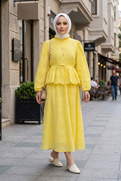 FERHEL Elastic Sleeves, Belted, Lined, Pearl Buttoned, Scalloped Linen Suit -...