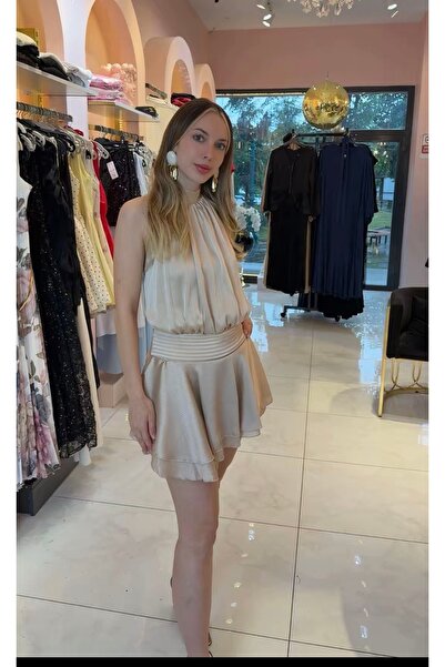 Hatice Altıntaş SATEN BOYUNDAN BAĞLAMALI MİNİ ELBİSE